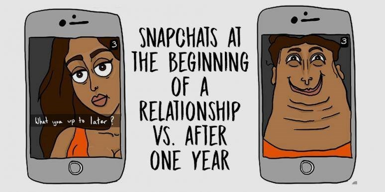 Snapchats at the beginning of a relationship vs after one year. 